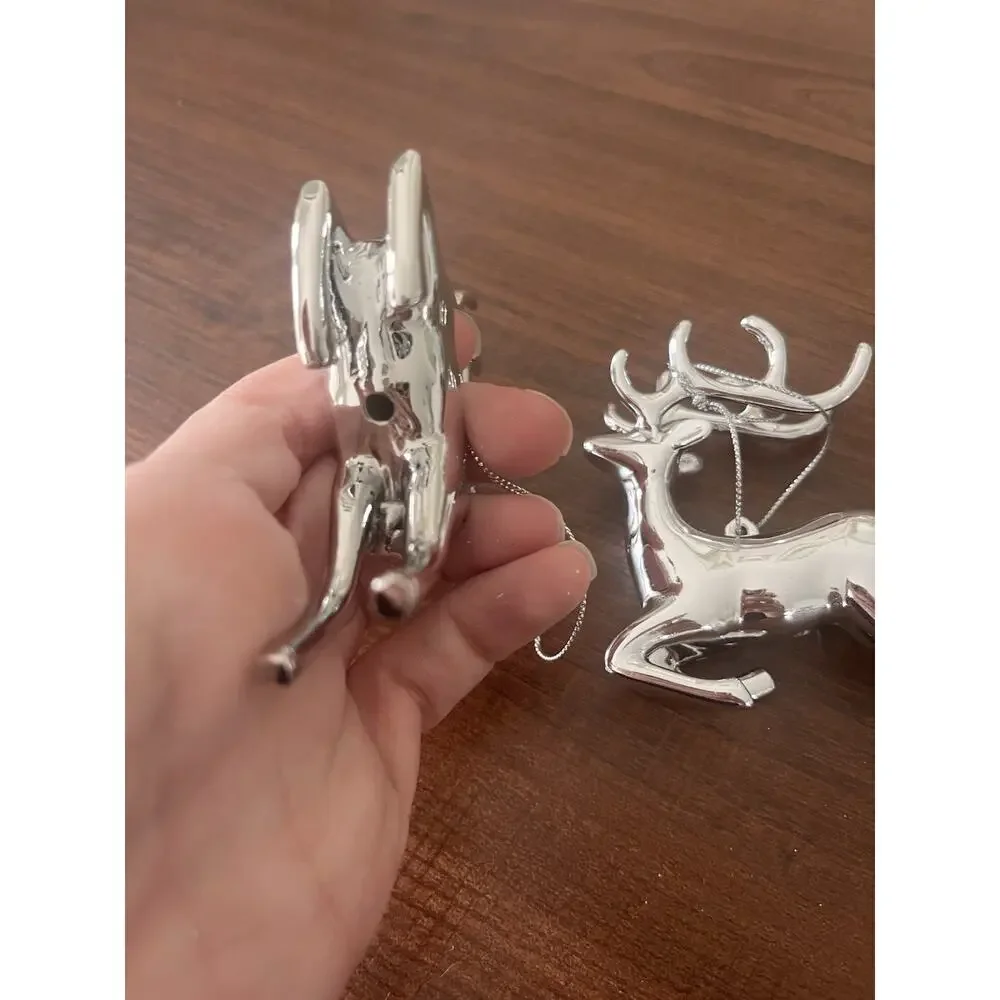 Vintage 2 Silver Metal Reindeer Elk Ornaments Christmas Decor Holiday Glossy